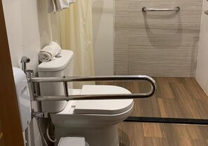 Habitación, accesible para personas con discapacidad | Baño | Ducha, cabezal de ducha tipo lluvia, secador de pelo y toallas