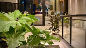 A modern interior with large green plants, a glass railing, and a view of the street outside. - Kastel Petrópolis (Petrópolis)