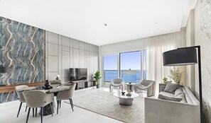 Design-Apartment | Wohnbereich | 55-Zoll-Smart-TV mit Kabelempfang, Fernseher, Netflix