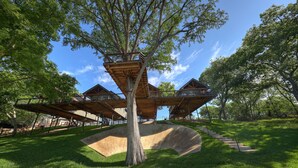 A treehouse structure with multiple levels, connected by wooden walkways, set in a grassy area with a clear sky.