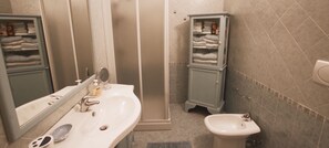 Shower, hair dryer, bidet, towels