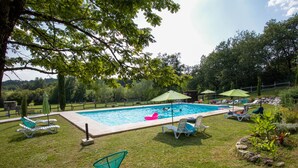 Piscina con sillas de descanso y sombrillas, rodeada de césped y árboles.