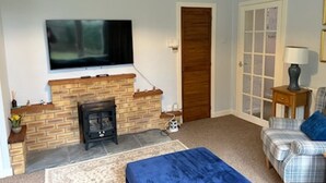 Una sala de estar con chimenea, un televisor montado encima, un sofá a cuadros y una puerta con paneles de vidrio.