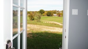 Vista a través de una puerta con marco blanco, que da a un patio cubierto de césped con un granero y árboles al fondo.