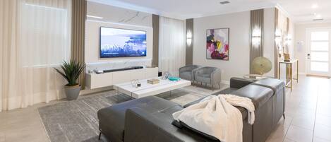 Smart TV, foosball, stereo