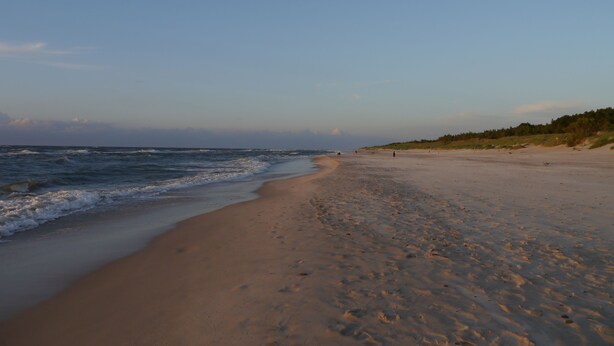 Een breed zandstrand met zachte golven, een heldere lucht en een verafgelegen bebost gebied.