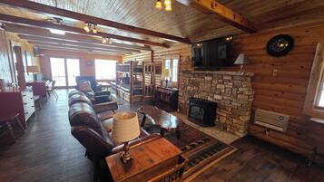 Smart TV, fireplace, books, stereo