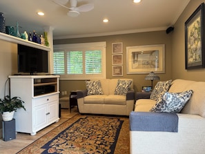 A living room with a sofa, a television, a cabinet, a plant, and a patterned rug.