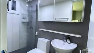 Shower, hair dryer, towels, soap