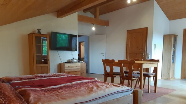 Un dormitorio con una cama de madera, un escritorio con sillas, un televisor y un armario.