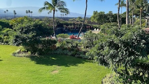 Um jardim exuberante com palmeiras, uma piscina e vista para montanhas distantes.