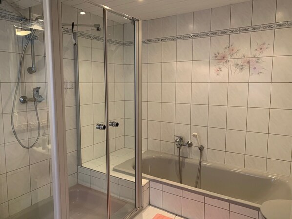 A modern bathroom with a glass-enclosed shower, a bathtub, and a toilet.