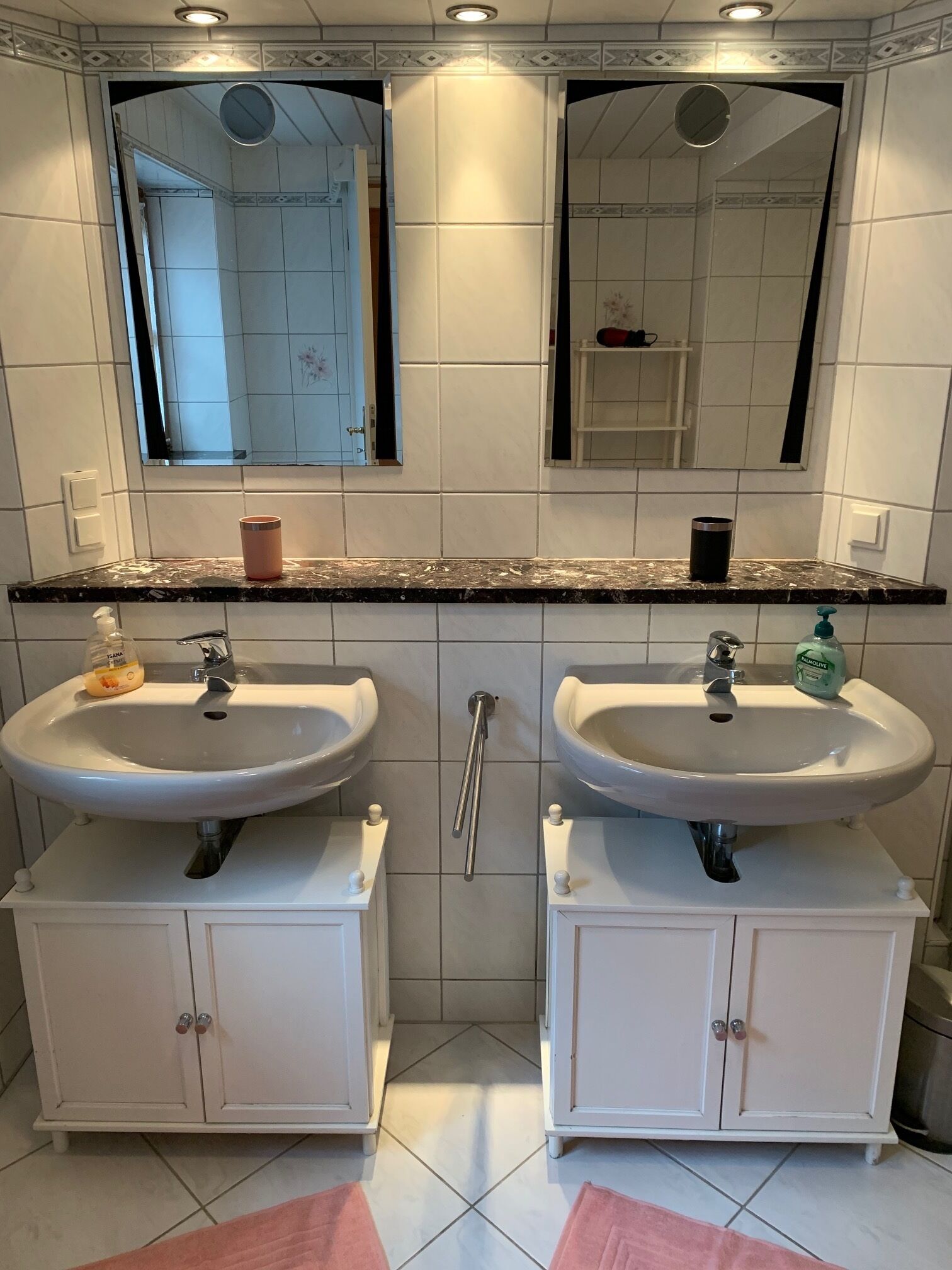 A bathroom with two sinks, a mirror, and a shower.