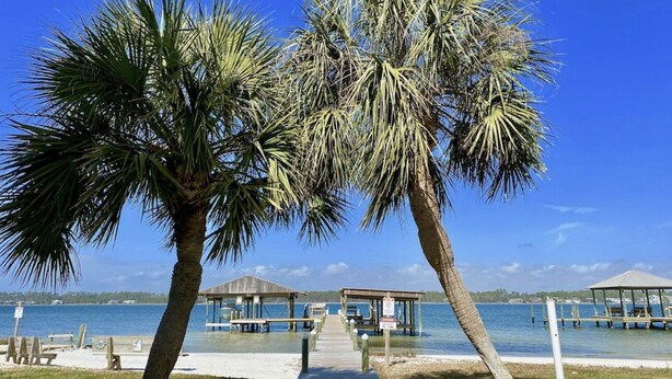 Eine Holzsteg führt zu einem überdachten Pavillon am Wasser, gesäumt von Palmen.