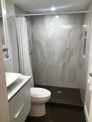 Un baño moderno con ducha, inodoro y tocador.