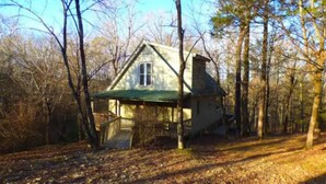 Une cabane rustique avec un toit végétalisé, entourée d’arbres.
