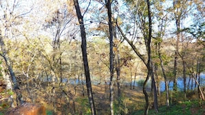 A forested area with a wooden deck. - "The Sugar Shack" Cabin 2 (Oden)