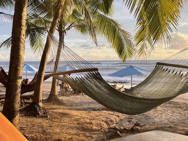 Vlak bij het strand, ligstoelen aan het strand, strandlakens