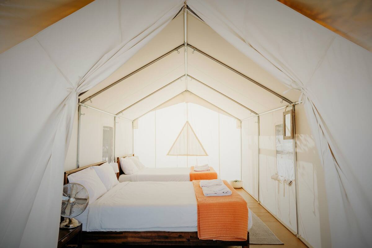 Een tentaccommodatie met twee bedden, een ventilator en een raam.