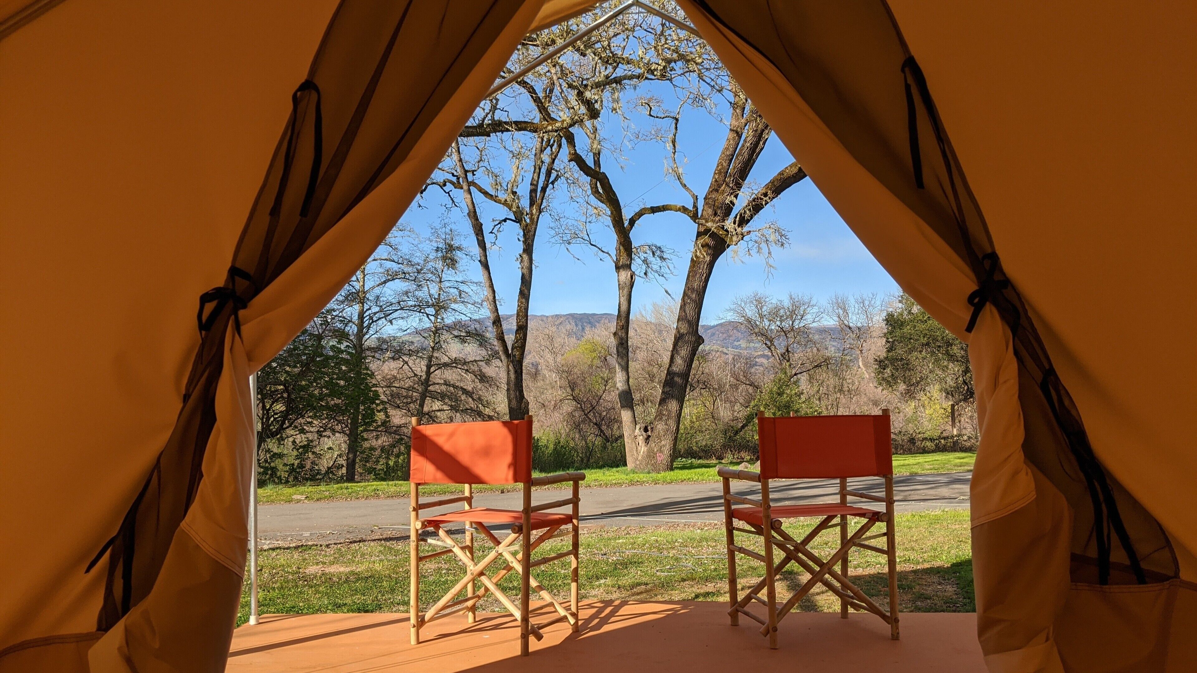 Una tenda amb dues cadires davant d'un camí i arbres.