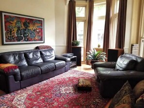 Televisión, chimenea, libros y estéreo