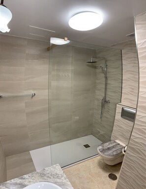 Shower, hair dryer, towels