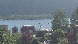 Ein See mit Booten, umgeben von Bäumen und Gebäuden.