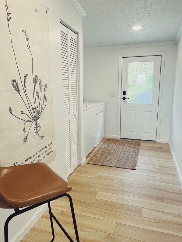 A hallway with a wooden floor, a brown leather chair, a white door with a window, and a wall with a botanical illustration.