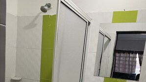 Une salle de bain avec une douche, un lavabo et un miroir.