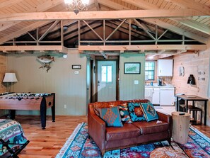 Smart TV, fireplace, foosball