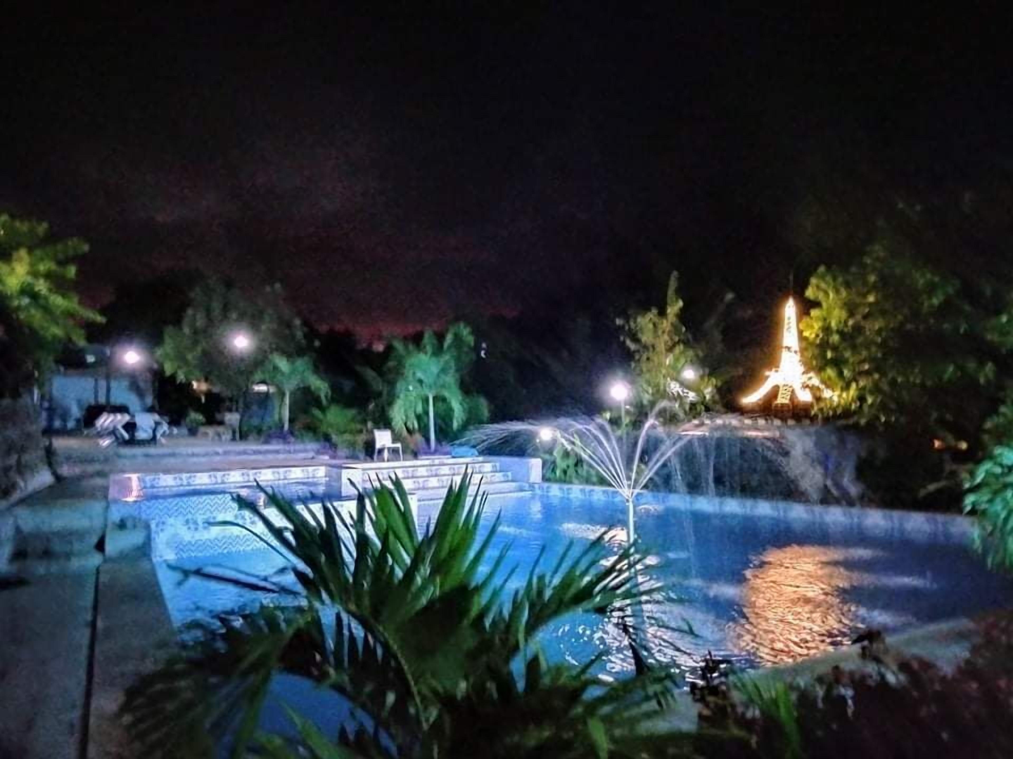 A nighttime view of a swimming pool with a fountain, surrounded by palm trees and a statue.