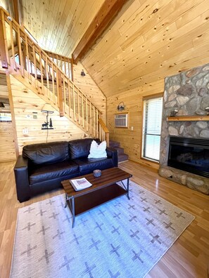 Smart TV, fireplace, books