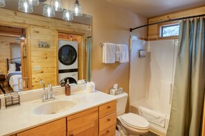 Hair dryer, towels, soap, shampoo