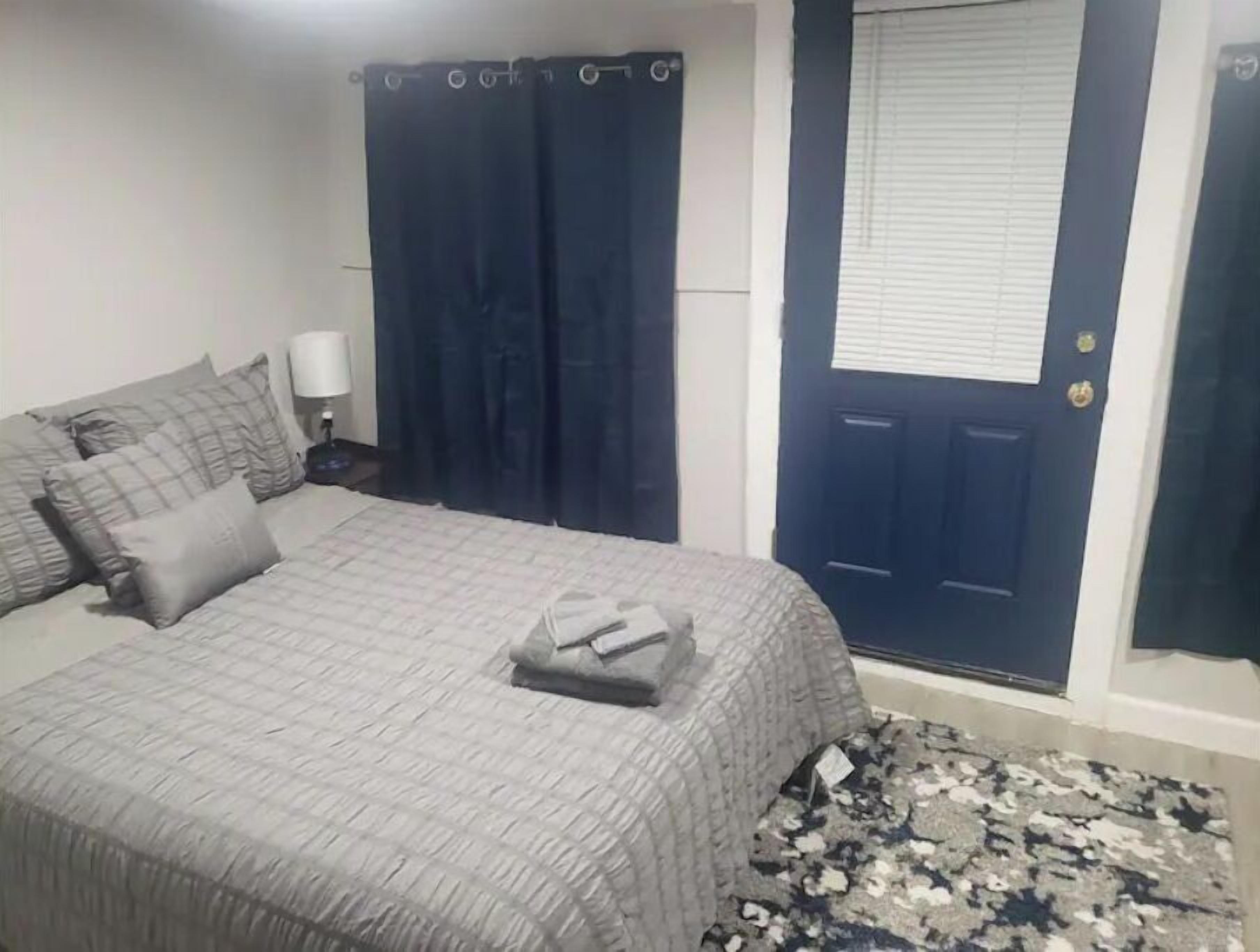 A bedroom with a bed, pillows, a nightstand, a lamp, a dark blue door, and a patterned rug.