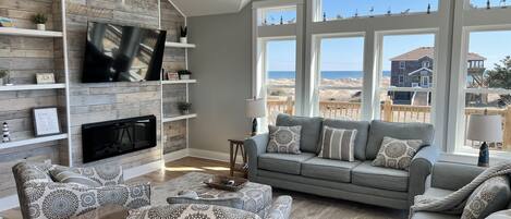 TV connectée, cheminée, lecteur de DVD, livres