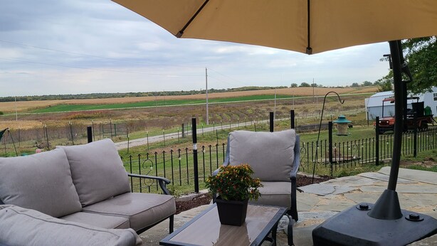 Un patio exterior con un sofá, una mesa, una planta en maceta y vistas a un paisaje rural.