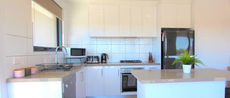 Apartment | Private kitchen | Full-size fridge, microwave, oven, stovetop