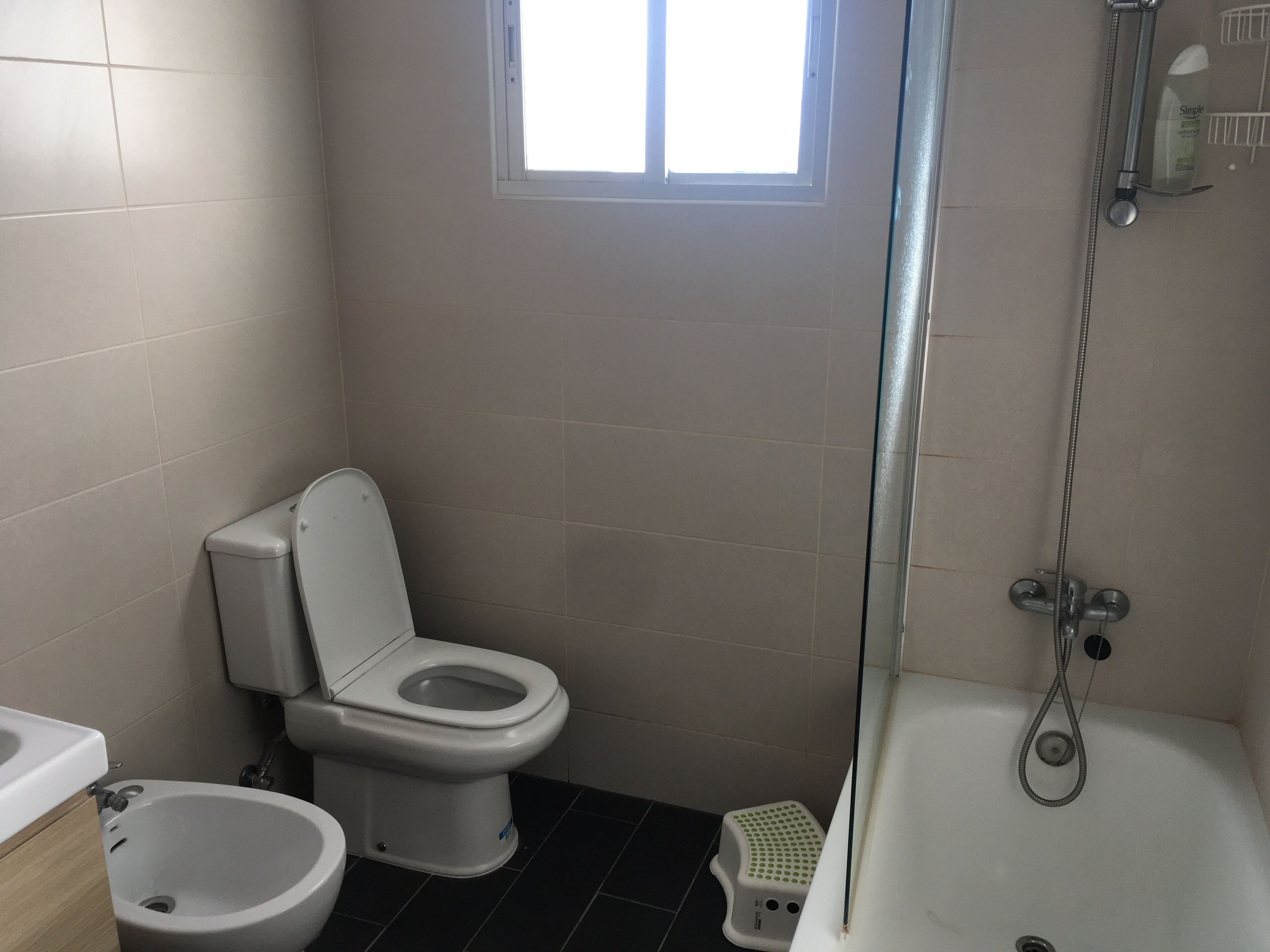 A bathroom with a toilet, bidet, and bathtub.