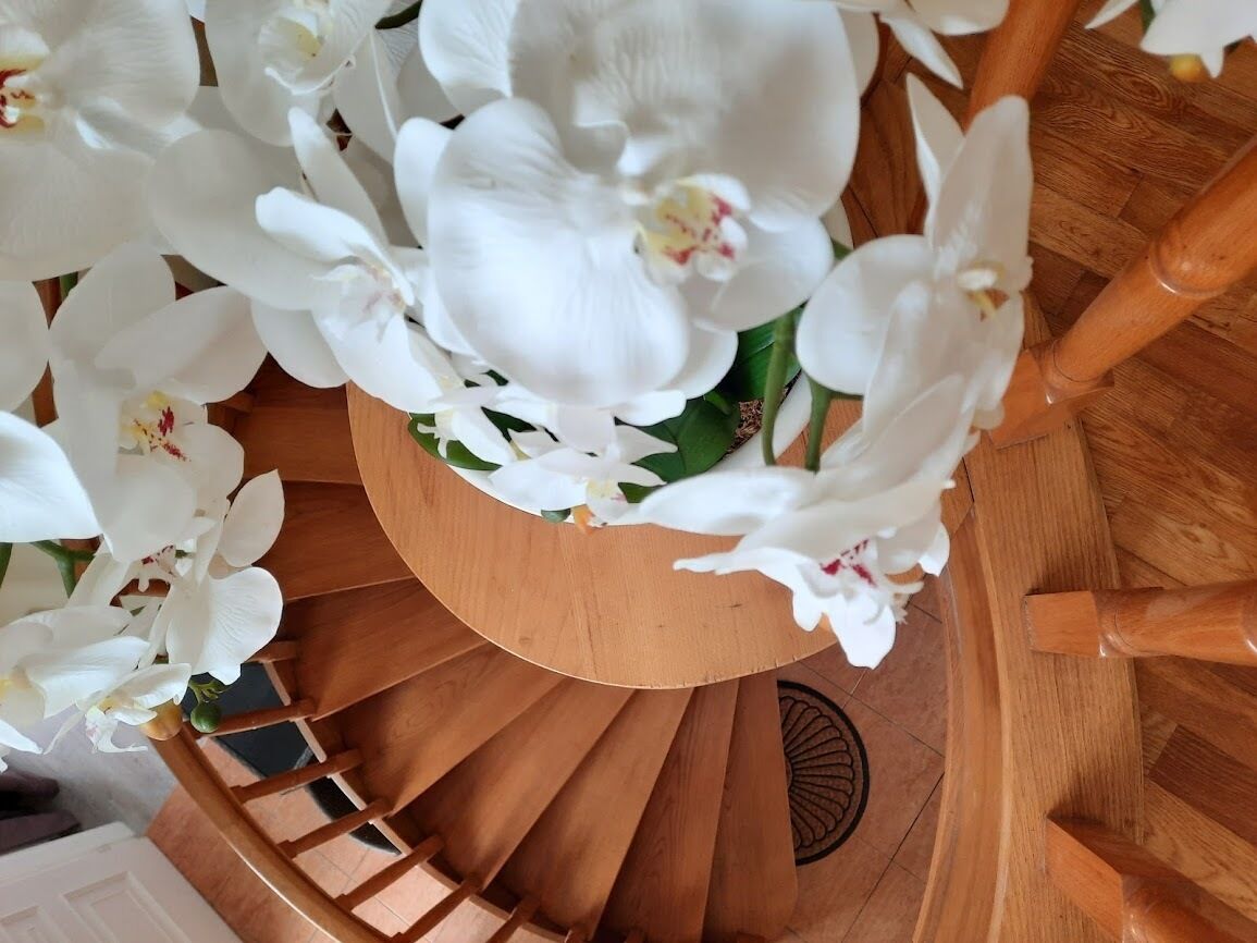 A wooden spiral staircase with white orchids.