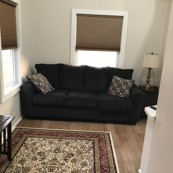 A living room with a dark blue sofa, patterned throw pillows, a wooden floor, and a decorative rug.
