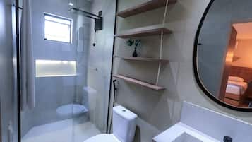 A modern bathroom with a glass-enclosed shower, a white toilet, a sink, and a mirror.