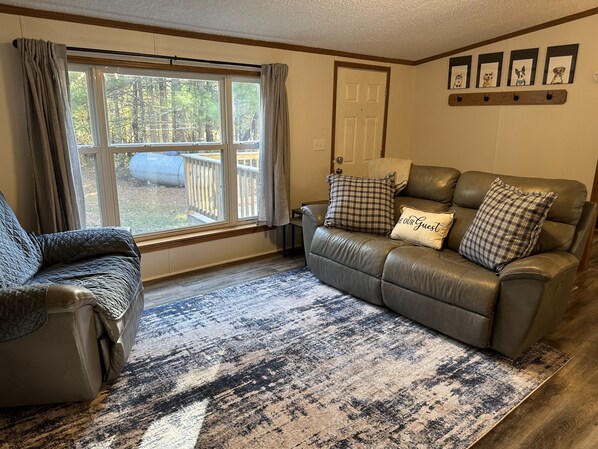 A living room with a leather sofa, a matching armchair, a patterned rug, and a window with curtains.
