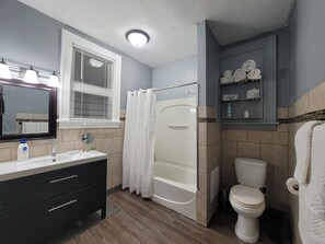 Hair dryer, towels, soap, shampoo - Downtown Ypsilanti 3 bedroom / 1 bath apartment (Ypsilanti)