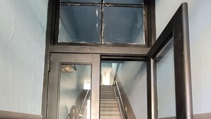 Una escalera con una puerta de cristal que da a un rellano.