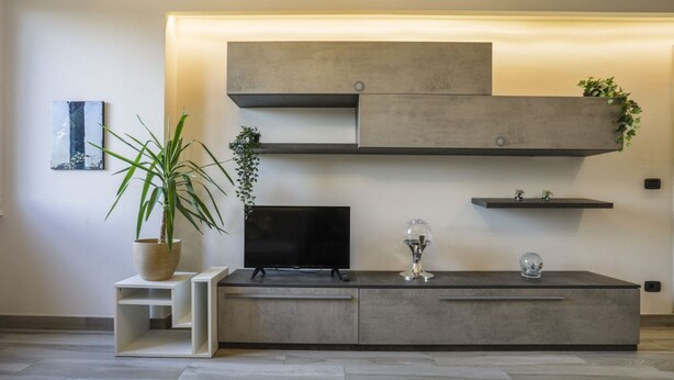 A modern living room with a flat-screen TV, a coffee table, and a built-in shelf unit with plants. - Brizio's Flat - Sweet Dreams in Florence (Firenze)