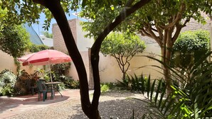Un espace patio avec une table et des chaises sous un parasol rouge, entouré de différentes plantes et arbres.