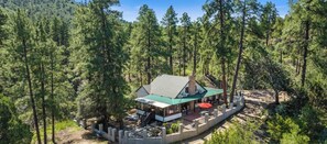 Escape to a serene forest retreat with a spacious patio and entrance.