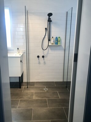 Dusche, Haartrockner, Handtücher, Seife