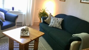 Un salon avec un canapé bleu, une table basse en bois et un tapis à motifs.