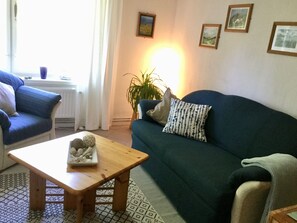 Una sala de estar con un sofá azul, una mesa de centro de madera y una alfombra estampada.
